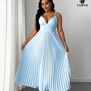 SHEIN Curve Light Blue Spaghetti Strap Ruffle Dress